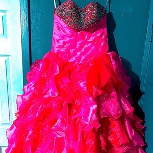 Strapless Pink PROM DRESS WITH IRIDESCENT EMBROIDERED bodice with ruffle bottom.